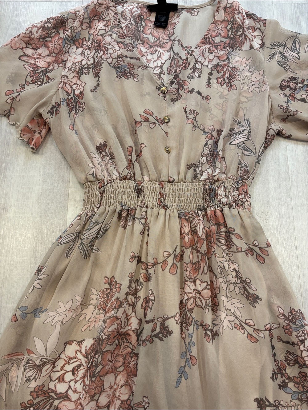 Stella & Julie Taupe Floral Midi Dress with Blush Floral Accents Elastic waist - Picture 6 of 8